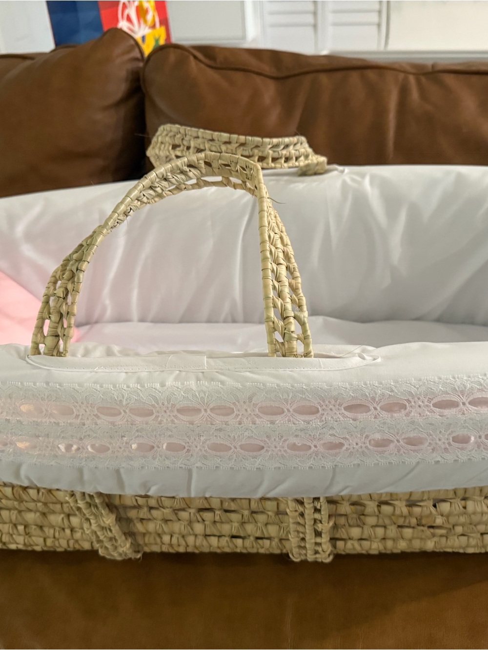 White Quilted Moses Basket with Woven Handles NWOT - Picture 3 of 10